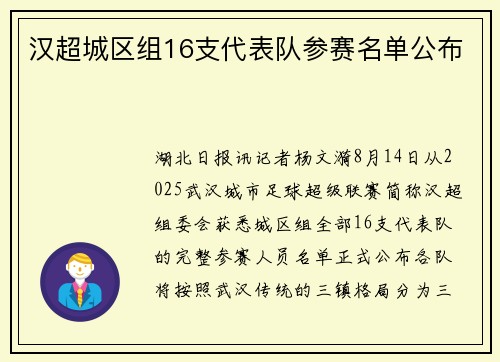 汉超城区组16支代表队参赛名单公布